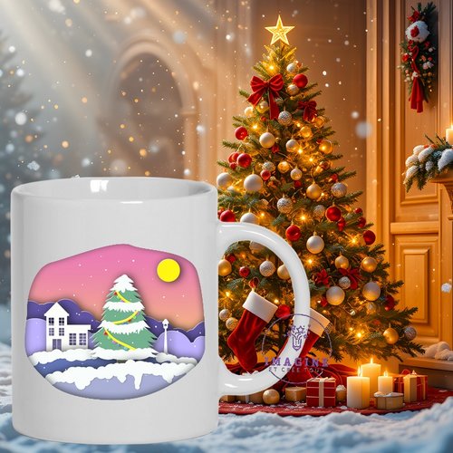 Mug - tasse - sublimation - impression infusible ink - winter - forest - hiver - forêt  - street - rue - maison - guirlandes