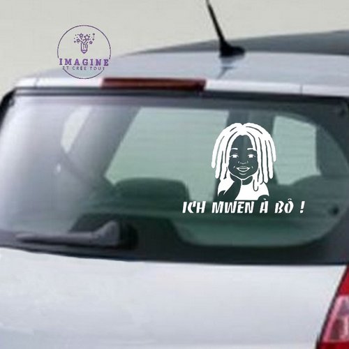 Sticker - ich mwen à bô ! - bébé rasta - cheveux crépu - sticker inversé - pose vitre intérieure - vinyle blanc permanent