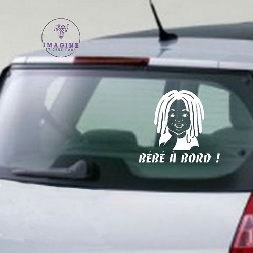 Sticker - bébé à bord ! - bébé rasta - cheveux crépu - sticker inversé - pose vitre intérieure - vinyle blanc permanent