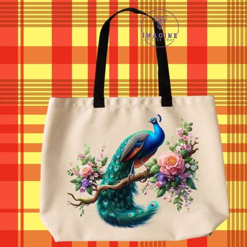 Tote bag taille l - sublimation - impression infusible ink - beautiful colorful peacock - roses - paon - multicolores