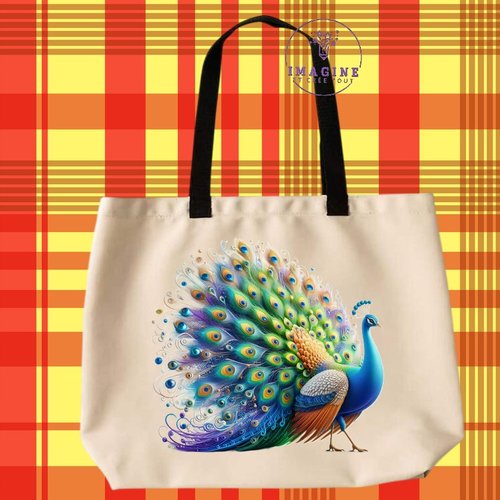 Tote bag taille l - sublimation - impression infusible ink - majestic paon - magnificent peaocock - plumes multicolores