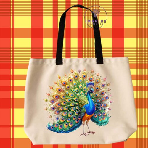 Tote bag taille l - sublimation - impression infusible ink - majestic paon - magnificent peaocock - plumes multicolores