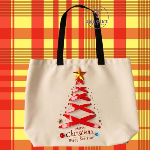 Tote bag taille l - sublimation - impression infusible ink - christmas - noël - tree - sapin - nœud rouge - stars - étoile