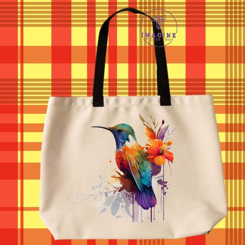 Tote bag taille l - sublimation - impression infusible ink - colibri - oiseau - hibiscus - tropical - île - hummingbird