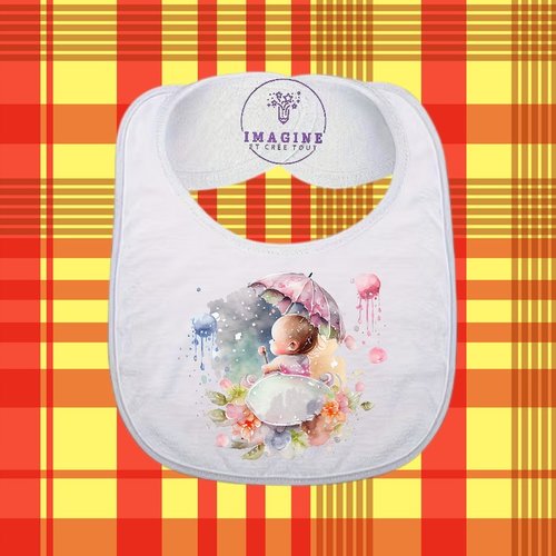 Bavoir - sublimation - impression infusible ink - watercolor - baby shower - aquarelle - bébé fille - parapluie