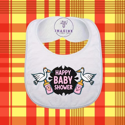 Bavoir - sublimation - impression infusible ink - happy baby shower - révélation - cigognes - biberons - fille