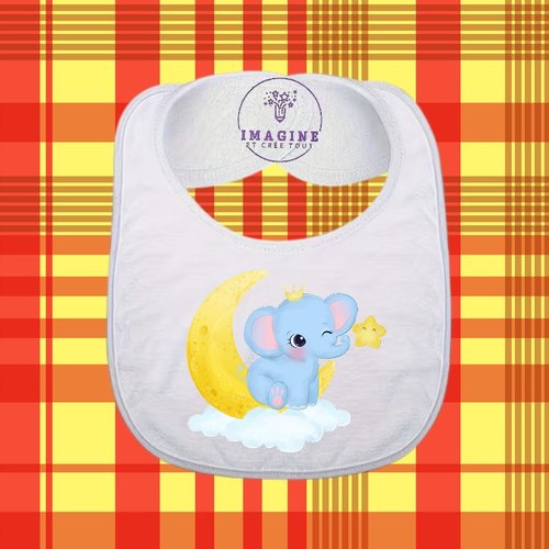 Bavoir - sublimation - impression infusible ink - cute baby elephant - illustration - lune - nuage - couronne - étoile