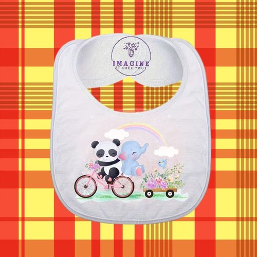 Bavoir - sublimation - impression infusible ink - cute baby animals - illustration - panda - éléphant - arc en ciel - vélo