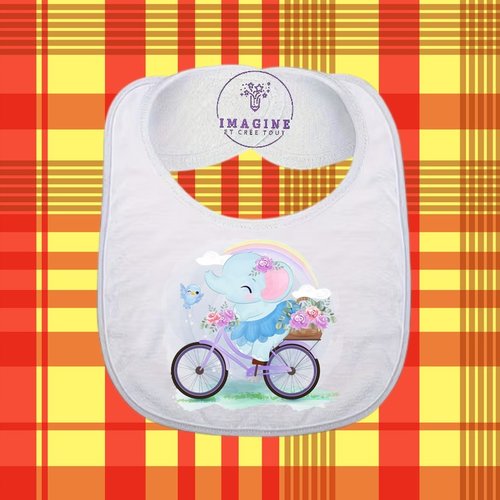 Bavoir - sublimation - impression infusible ink - cute baby elephant - illustration - vélo - oiseau - arc en ciel - nuages