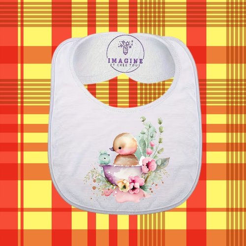 Bavoir - sublimation - impression infusible ink - watercolor cute baby duck - aquarelle - bébé canard - baignoire - fleurs