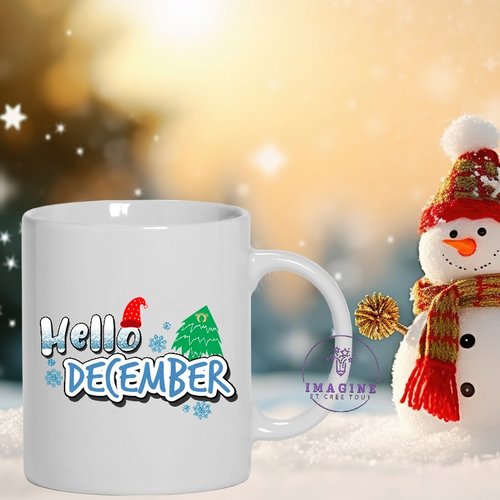 Mug - tasse - sublimation - impression infusible ink - cute hello december - bonjour décembre - sapin - flocons neige