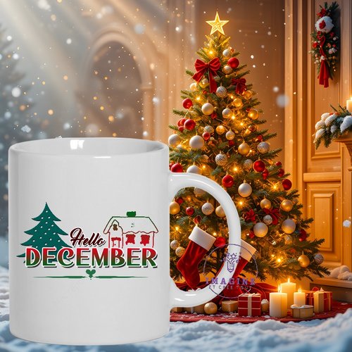 Mug - tasse - sublimation - impression infusible ink - hello december - bonjour décembre - lettering - lettres - texte - sapin