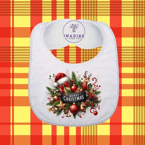 Bavoir - sublimation - impression infusible ink - merry christmas - boules - étoiles - houx - renne - joyeux noël - cloches