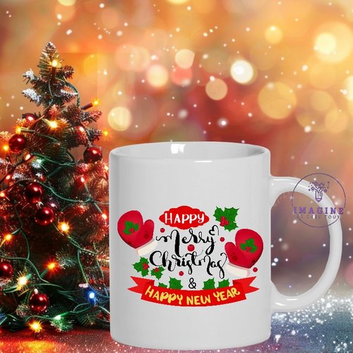 Mug - tasse - sublimation - impression infusible ink - merry christmas and happy year - joyeux noël - houx - bannière