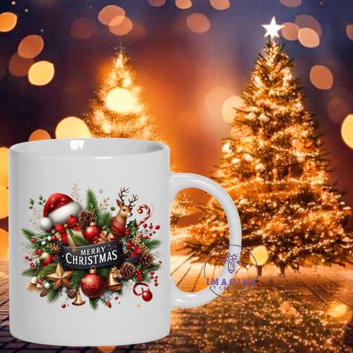 Mug - tasse - sublimation - impression infusible ink - merry christmas - boules - étoiles - houx - joyeux noël - cloches