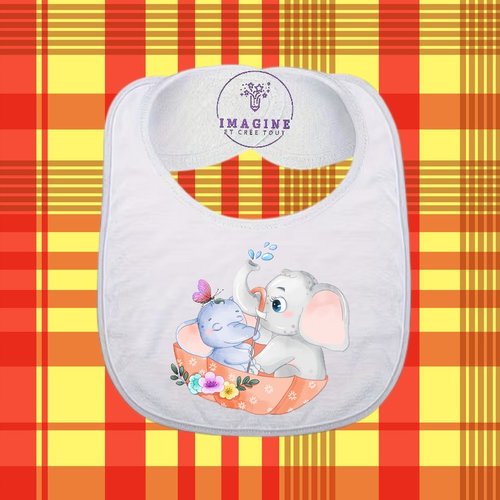 Bavoir - sublimation - impression infusible ink - elephant mother - elephant baby - parapluie - papillon - jet d'eau - fleurs