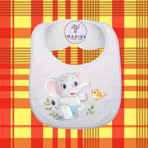 Bavoir - sublimation - impression infusible ink - baby elephant - oiseau - feuilles - bébé éléphant - personnalisation
