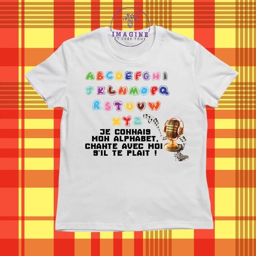 T-shirt personnalisé pour jeunes - col rond - sublimation - alphabet en chantant - microphone - éducatif - apprentissage
