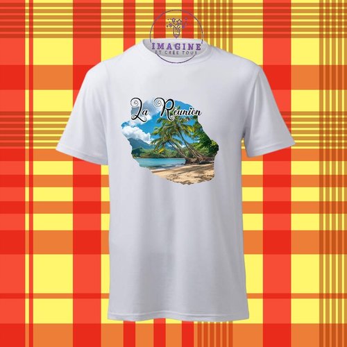 T-shirt personnalisé pour homme - ras du cou - sublimation - carte île de la réunion - plage - 974 - palmiers - sable