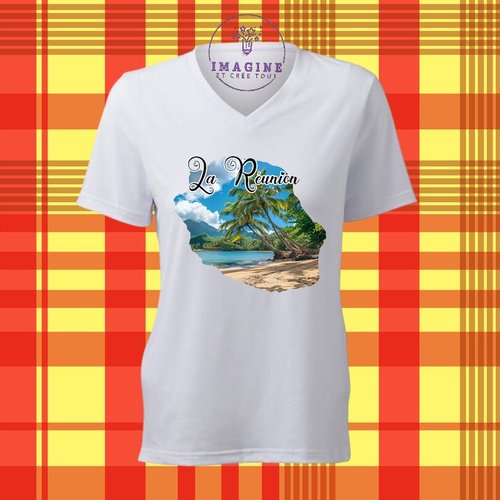 T-shirt personnalisé pour femme - col v - sublimation - carte île de la réunion - plage - 974 - palmiers - sable