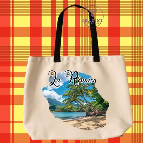 Tote bag taille l - sublimation - impression infusible ink - carte île de la réunion - plage - 974 - palmiers