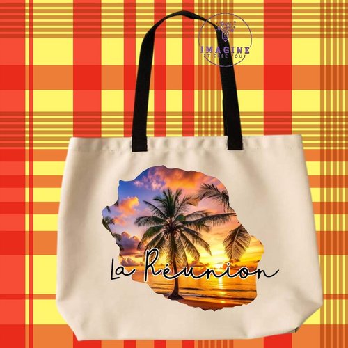 Tote bag taille l - sublimation - impression infusible ink - carte île de la réunion - couché soleil - 974