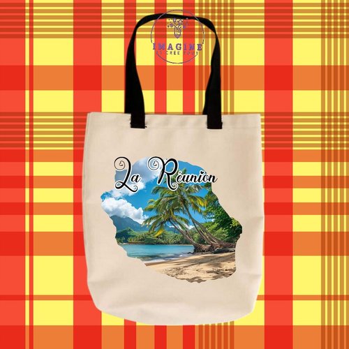 Tote bag taille m - sublimation -  impression infusible ink - carte île de la réunion - plage - 974 - palmiers