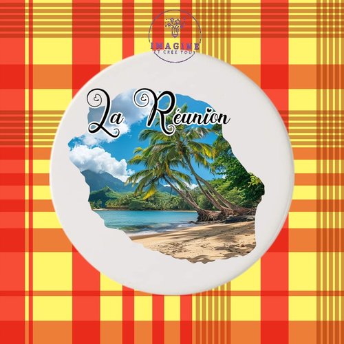 Sous verre en céramique - sublimation - impression infusible ink - carte île de la réunion - plage - 974 - palmiers