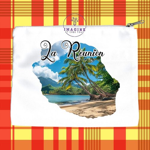 Trousse l - maquillage - sublimation - impression infusible ink - carte île de la réunion - plage - 974 - palmiers