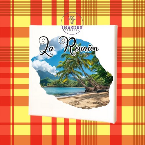 Tableau mural - sublimation -  impression infusible ink - toile - canvas - carte île de la réunion - plage - 974 - palmiers
