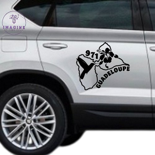 Sticker - carte guadeloupe - colibri - hibiscus - île - tropique - 971 - pose sur carrosserie - vinyle noir permanent