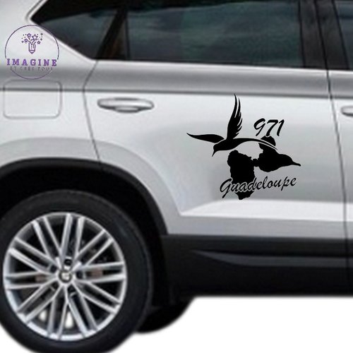 Sticker - carte de la guadeloupe - 971 - colibri - pose sur portières - vinyle noir permanent