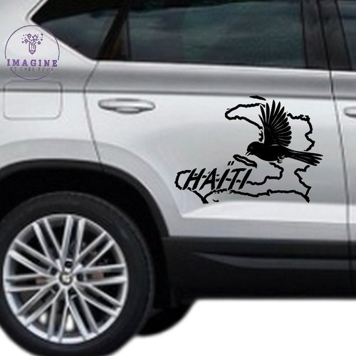 Sticker - carte d'haïti - oiseau emblématique - le trogon - pose sur portières - vinyle noir permanent