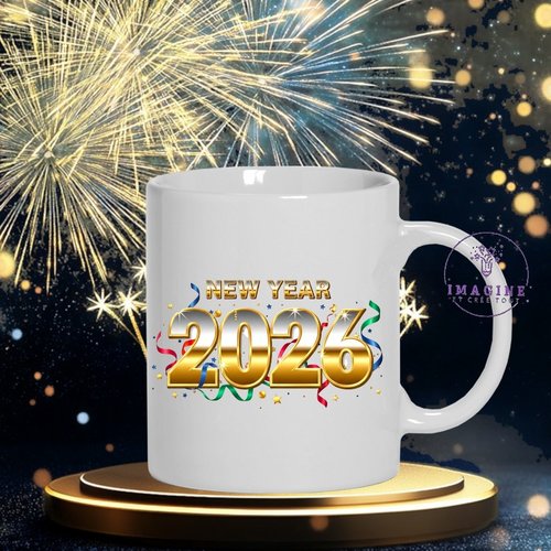 Mug - tasse - sublimation - impression infusible ink - 2026 - colorful - janvier - feux artifices - or - confettis