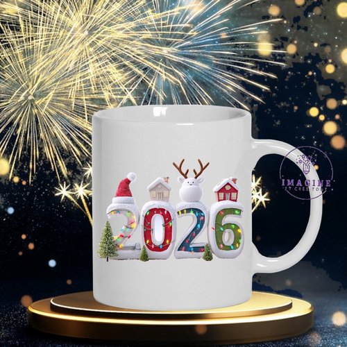 Mug - tasse - sublimation - impression infusible ink - 2026 - guitlandes - janvier - feux artifices - célébration - sapins