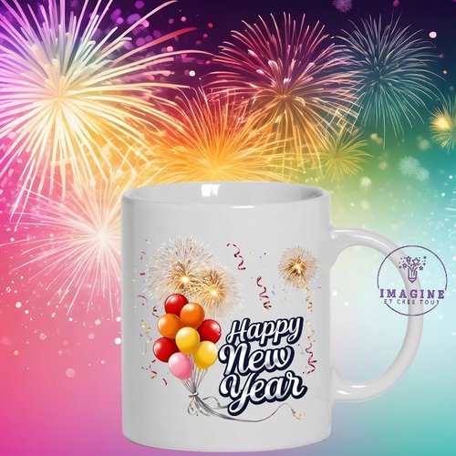 Mug - tasse - sublimation - impression infusible ink - happy - 2026  - feux artifices - célébration - ballons - multicolores