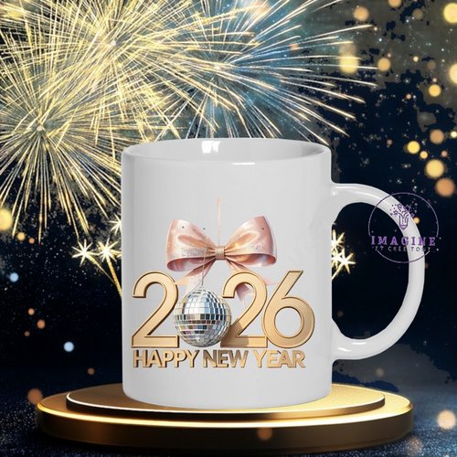 Mug - tasse - sublimation - impression infusible ink - happy - 2026  - feux artifices - célébration - nœud - boule argent