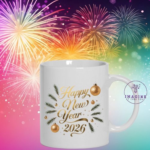 Mug - tasse - sublimation - impression infusible ink - happy - 2026  - feux artifices - célébration - nœud - boules or