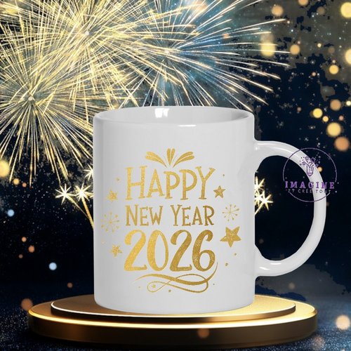 Mug - tasse - sublimation - impression infusible ink - happy - 2026  - feux artifices - célébration - étoiles - or