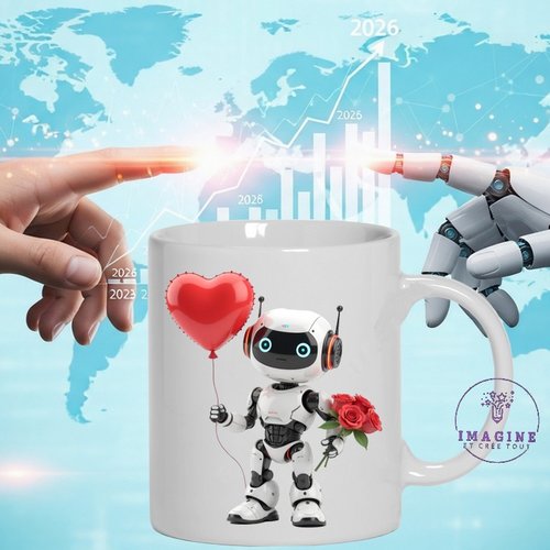 Mug - tasse - sublimation - impression infusible ink - cute - robot - ia - cœur - bouquet - roses rouge - technologie