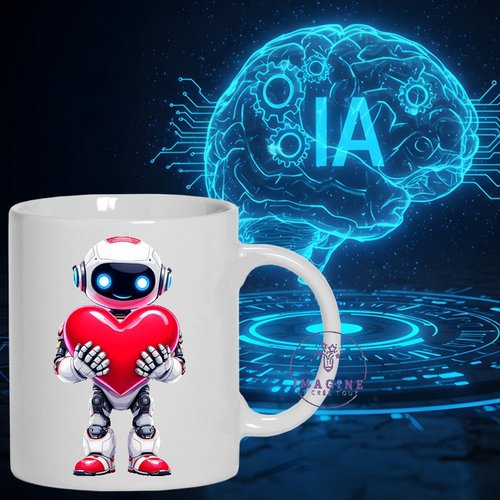 Mug - tasse - sublimation - impression infusible ink - adorable robot - heart - cœur - technologie - ia - virtuel - st valentin