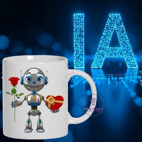 Mug - tasse - sublimation - impression infusible ink - cute - robot - ia - cœur - rose rouge - technologie - st valentin