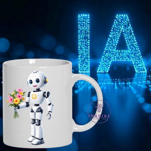 Mug - tasse - sublimation - impression infusible ink - cute - robot - ia - flowers - bouquet - technologie - intelligence
