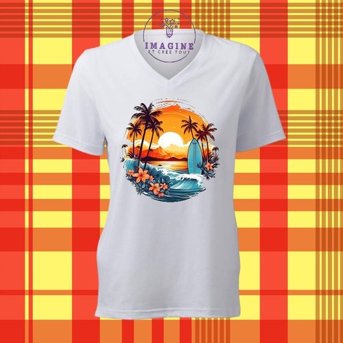 T-shirt personnalisé pour femme - col v - sublimation - impression infusible ink - tropical - surf - summer - été - beach