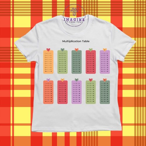 T-shirt personnalisé pour jeunes - col rond - sublimation - table de multiplication - chiffres - mathématiques - éducative