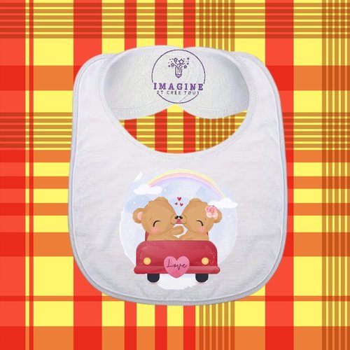 Bavoir - sublimation - impression infusible ink - romantic bear couple - arc en ciel - love - cœurs  - voiture - amour