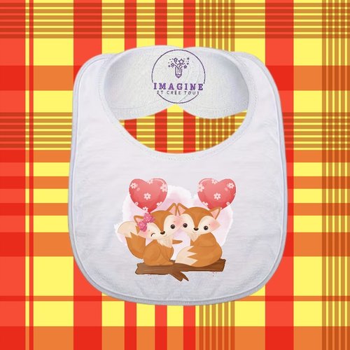 Bavoir - sublimation - impression infusible ink - adorable fox - couple - ballon cœur - bois - nœud - love
