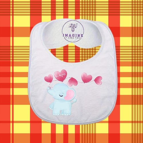 Bavoir - sublimation - impression infusible ink - cute elephant - guirlandes cœurs - ballon love