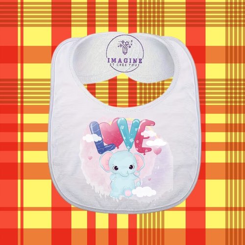Bavoir - sublimation - impression infusible ink - cute elephant - love - nuages - arc en ciel - ballon cœur