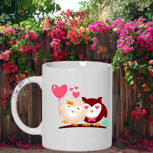 Mug - tasse - sublimation - impression infusible ink - a pair of owls - cœurs - ballon cœur - couple de hiboux - love
